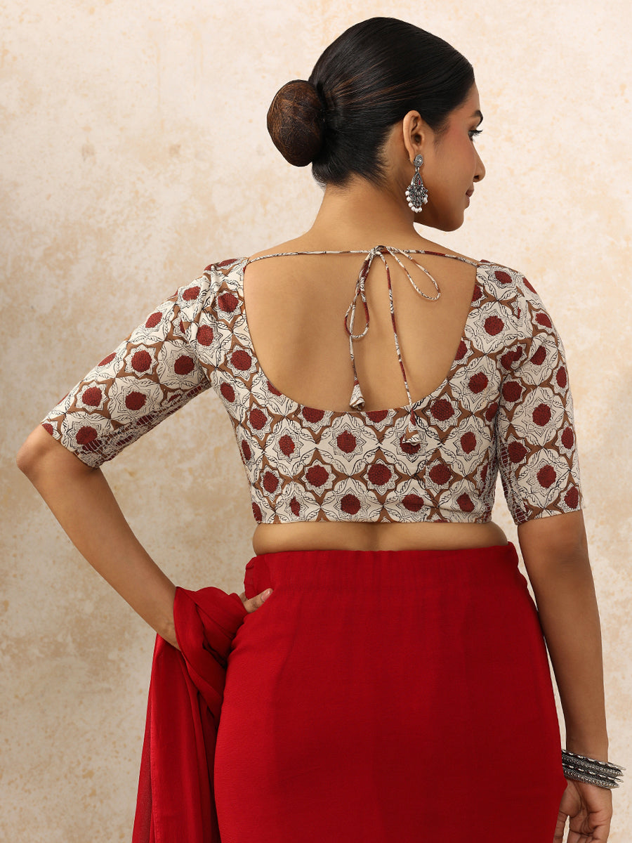 Shruti x Rozaana Saree Blouse, in Cream 100% Cotton - Block Printed, featuring elbow sleeves and round neckline (view 2).
