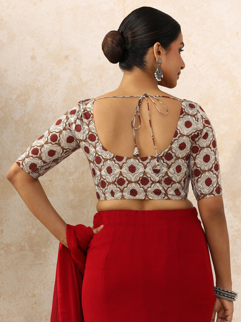 Shruti x Rozaana Saree Blouse, in Cream 100% Cotton - Block Printed, featuring elbow sleeves and round neckline (view 2).