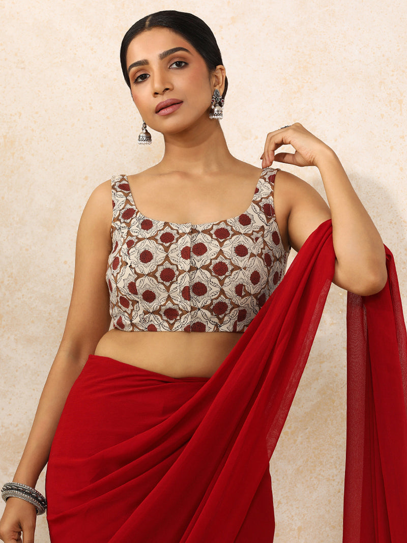 Shruti x Rozaana | Elbow Sleeves Saree Blouse in Red Dahlia Block Print Cotton-Binks