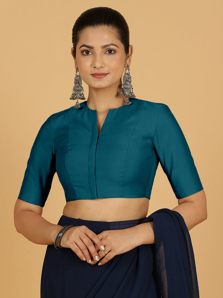 Simar x Rozaana Saree Blouse, in Blue Viscose, featuring elbow sleeves and round neckline, made for daily & work.