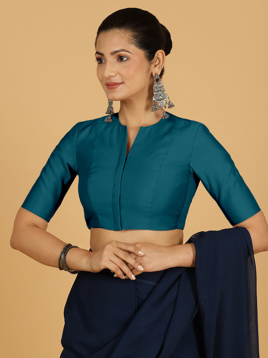 Simar x Rozaana Saree Blouse, in Blue Viscose, featuring elbow sleeves and round neckline, made for daily & work (view 5).