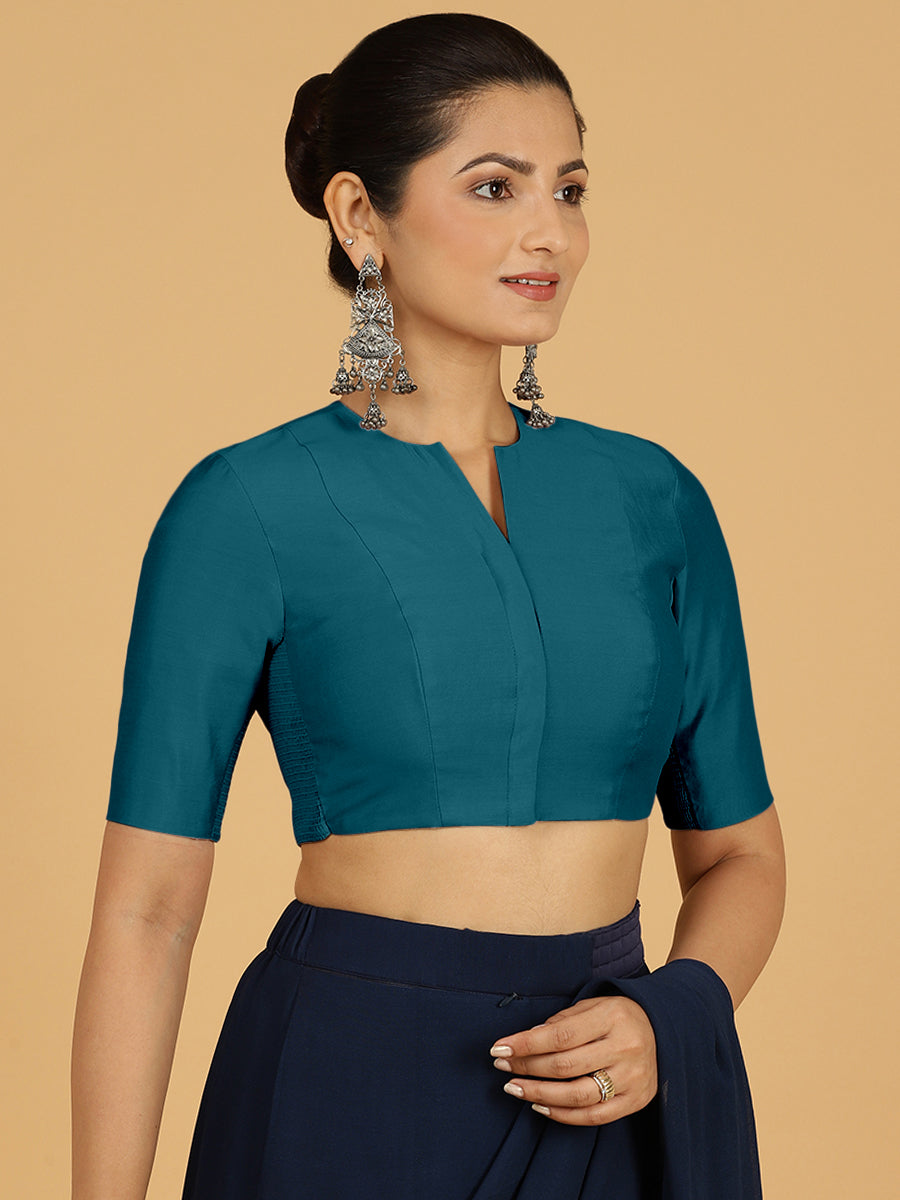 Simar x Rozaana Saree Blouse, in Blue Viscose, featuring elbow sleeves and round neckline, made for daily & work (view 7).