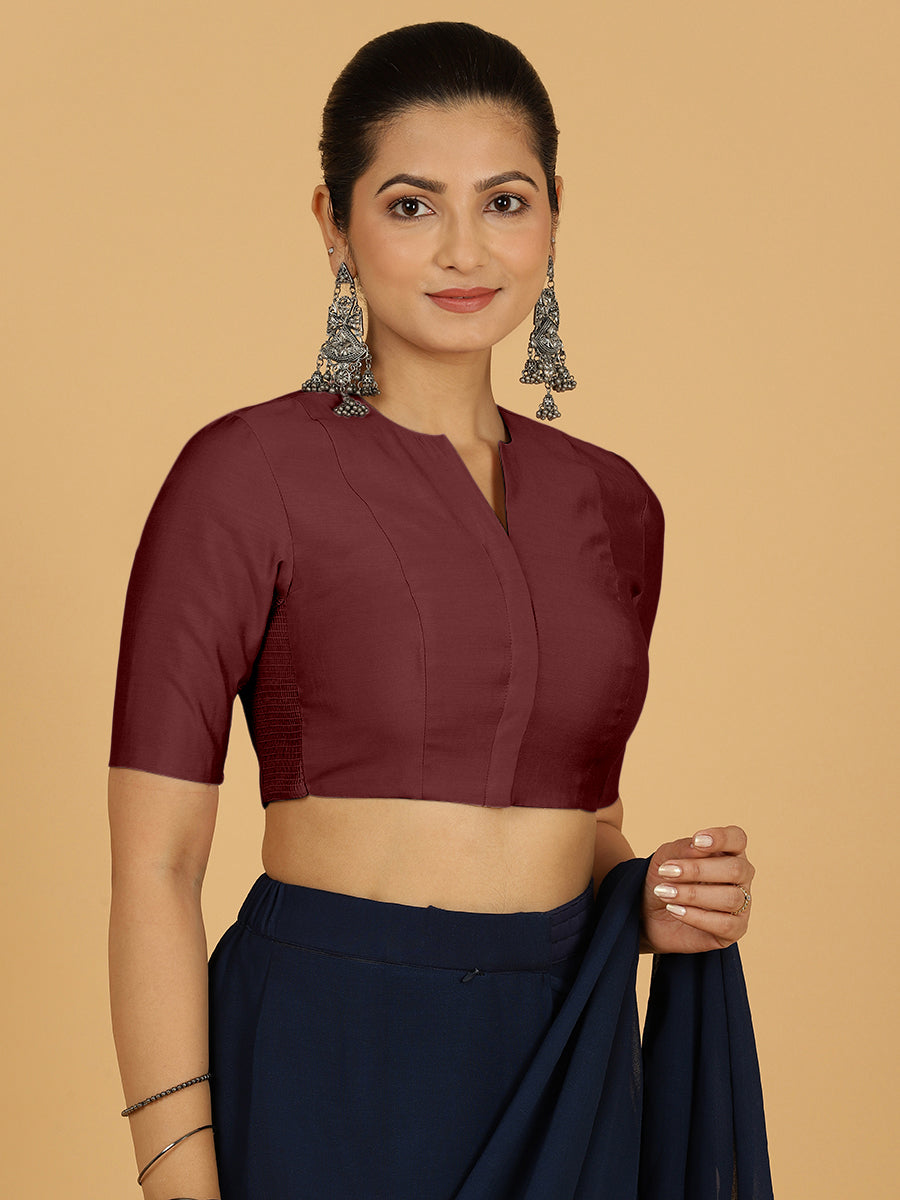 Simar x Rozaana Saree Blouse, in Maroon Viscose, featuring elbow sleeves and round neckline, made for daily & work (view 5).