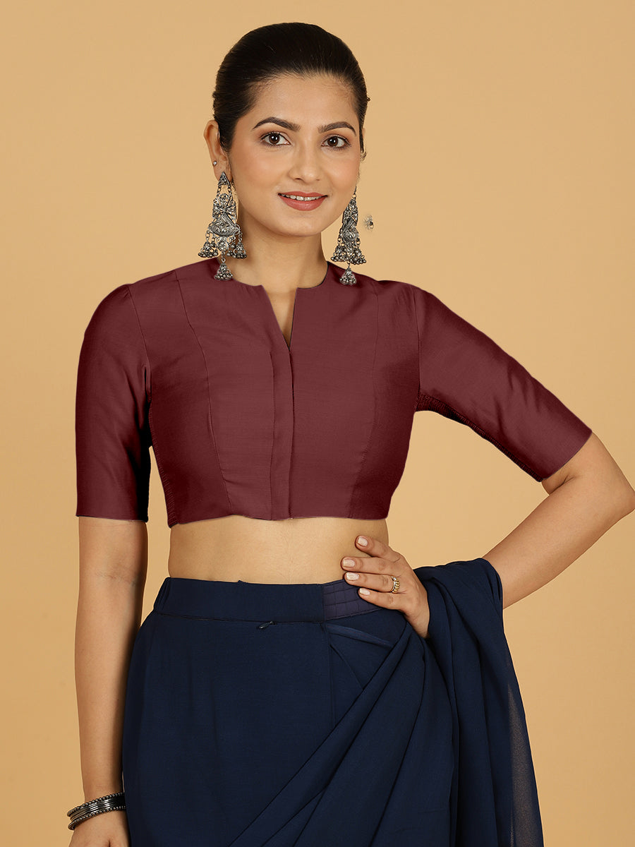 Simar x Rozaana Saree Blouse, in Maroon Viscose, featuring elbow sleeves and round neckline, made for daily & work (view 8).