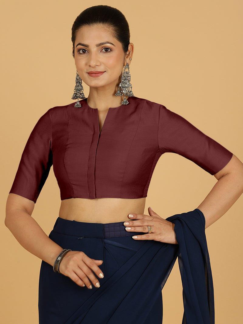 Simar x Rozaana | Saree Blouse in Deep Maroon-Binks