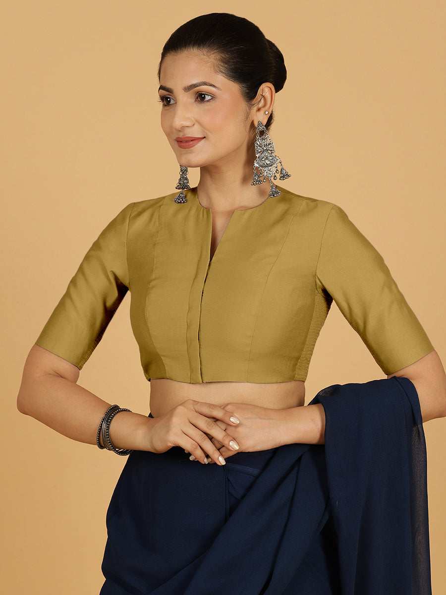 Simar x Rozaana Saree Blouse, in Yellow Viscose, featuring elbow sleeves and round neckline, made for daily & work (view 5).