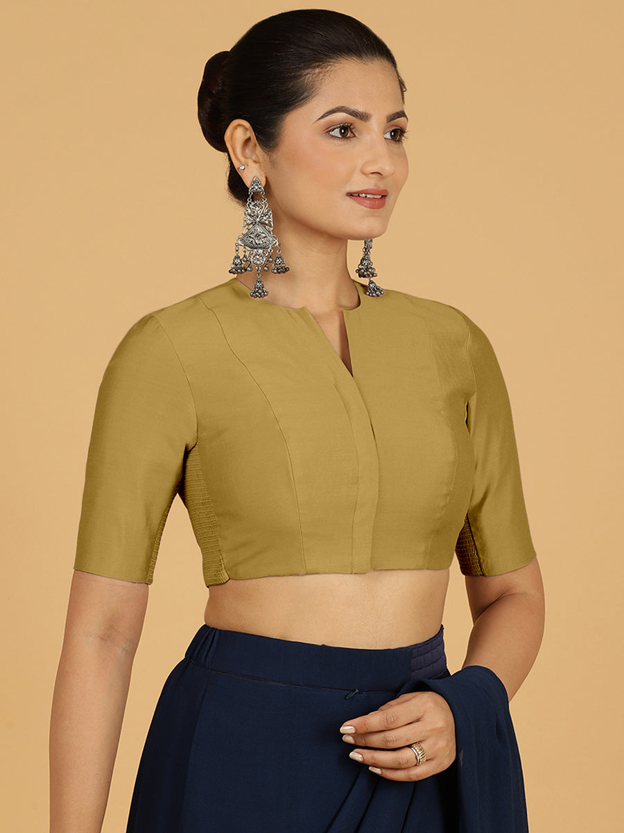 Simar x Rozaana Saree Blouse, in Yellow Viscose, featuring elbow sleeves and round neckline, made for daily & work (view 6).