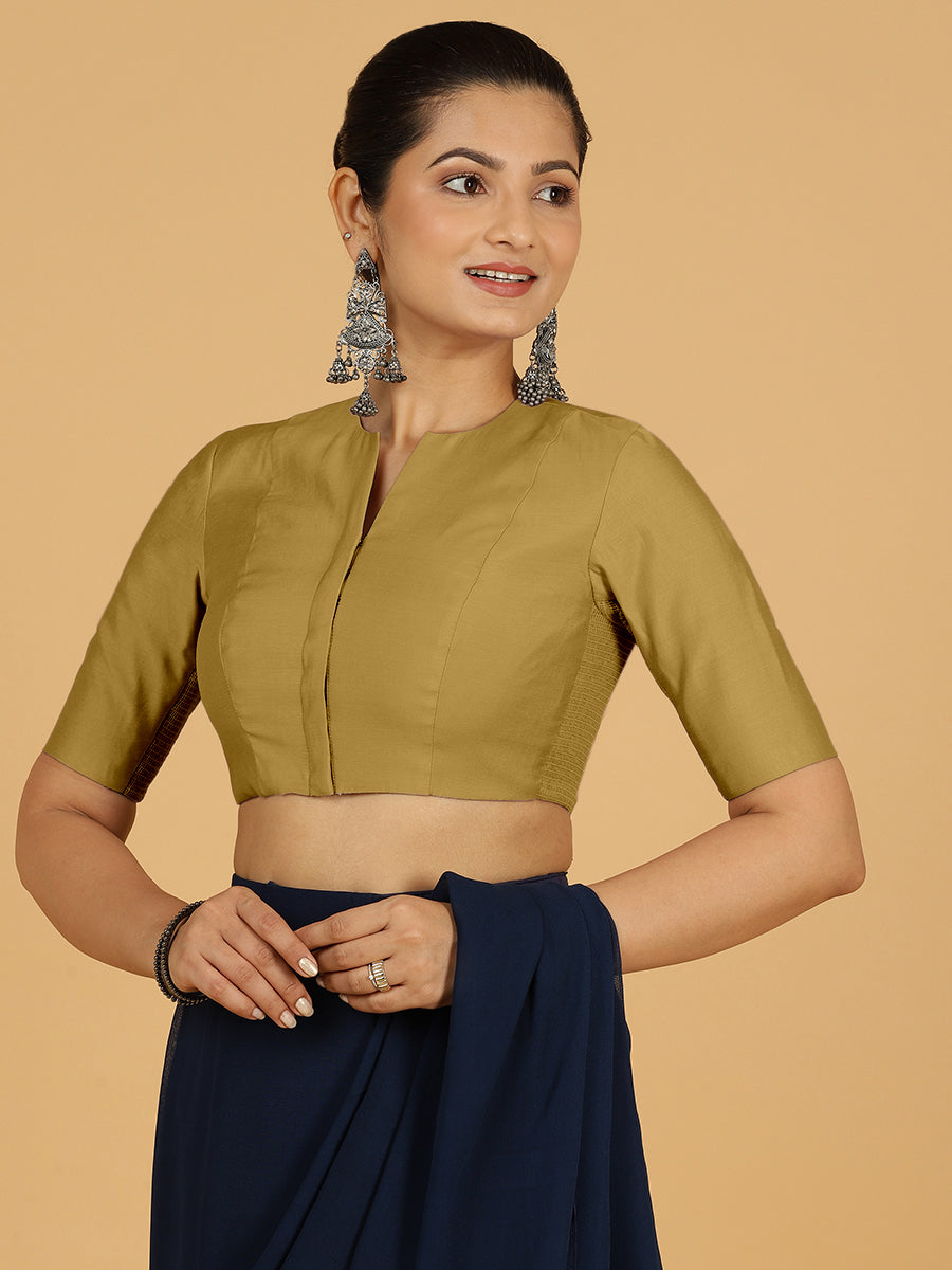 Simar x Rozaana Saree Blouse, in Yellow Viscose, featuring elbow sleeves and round neckline, made for daily & work (view 7).