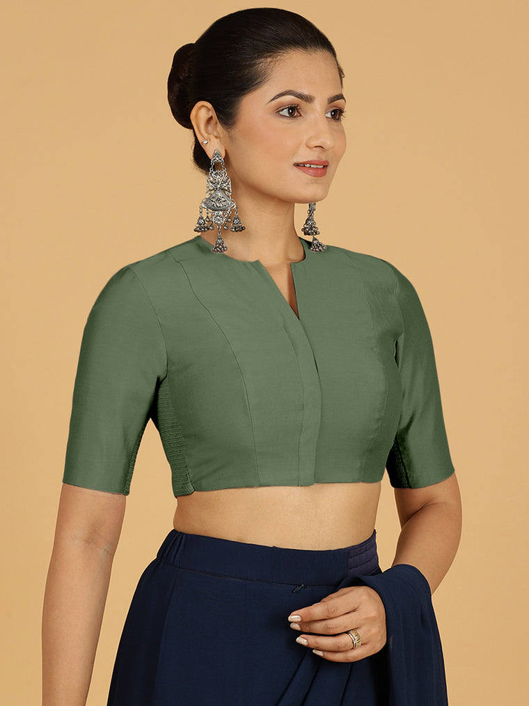 Simar x Rozaana Saree Blouse, in Green Viscose, featuring elbow sleeves and round neckline, made for daily & work.