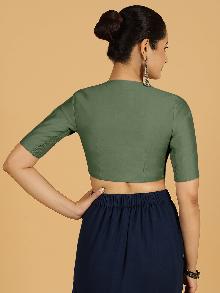 Simar x Rozaana Saree Blouse, in Green Viscose, featuring elbow sleeves and round neckline, made for daily & work (view 2).