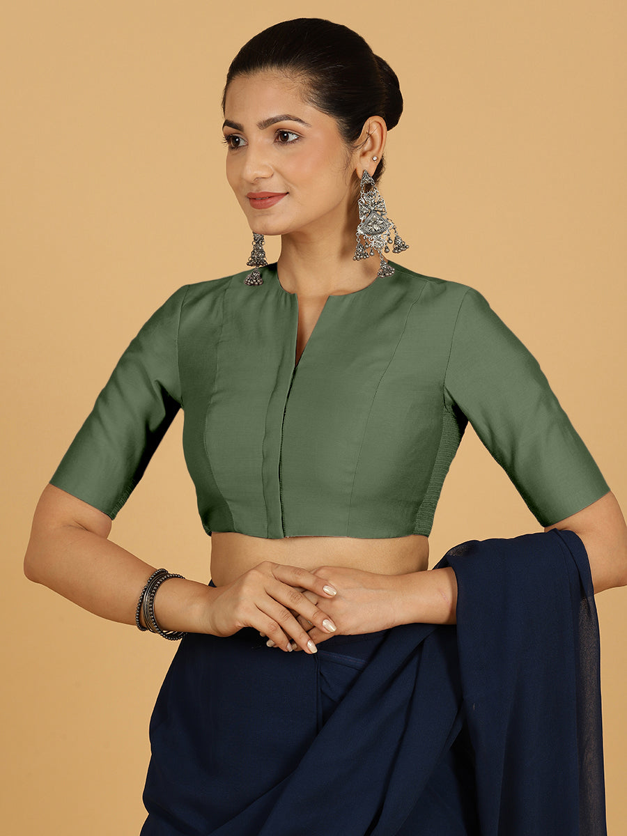 Simar x Rozaana Saree Blouse, in Green Viscose, featuring elbow sleeves and round neckline, made for daily & work (view 5).