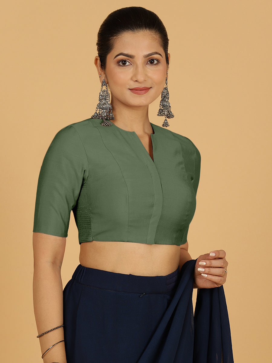 Simar x Rozaana Saree Blouse, in Green Viscose, featuring elbow sleeves and round neckline, made for daily & work (view 6).