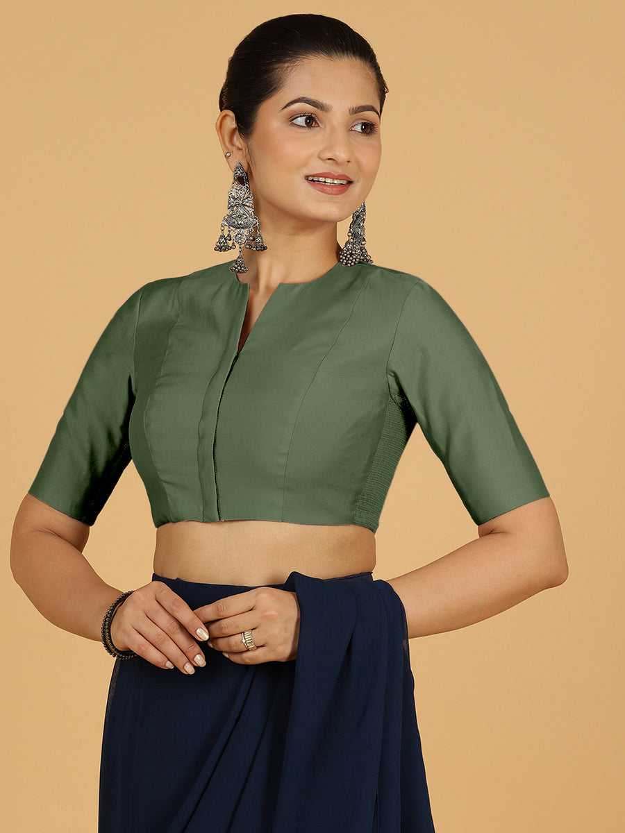 Simar x Rozaana Saree Blouse, in Green Viscose, featuring elbow sleeves and round neckline, made for daily & work (view 7).