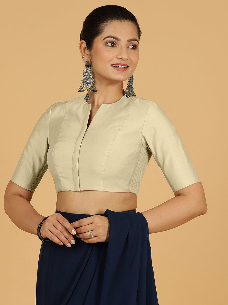 Simar x Rozaana Saree Blouse, in White Viscose, featuring elbow sleeves and round neckline, made for daily & work.