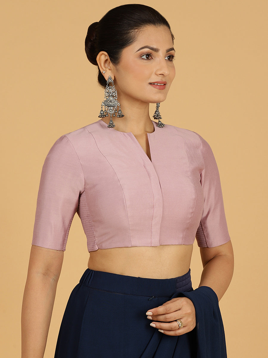 Simar x Rozaana Saree Blouse, in Purple Viscose, featuring elbow sleeves and round neckline, made for daily & work (view 7).