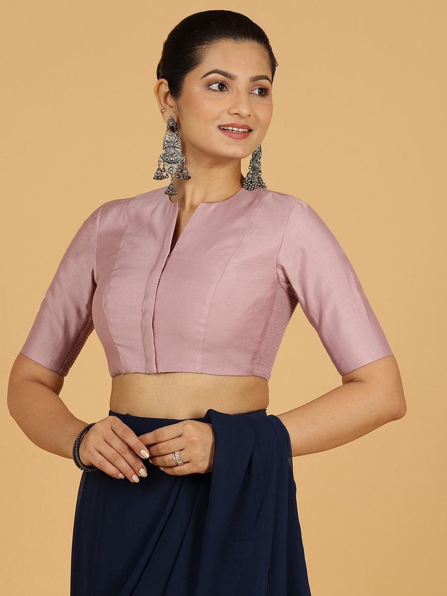 Simar x Rozaana Saree Blouse, in Purple Viscose, featuring elbow sleeves and round neckline, made for daily & work (view 8).