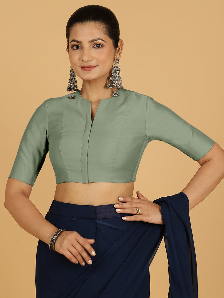 Simar x Rozaana Saree Blouse, in Green Viscose, featuring elbow sleeves and round neckline, made for daily & work.