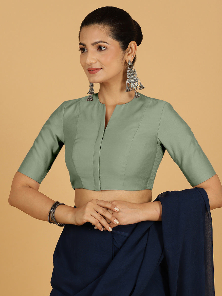 Simar x Rozaana Saree Blouse, in Green Viscose, featuring elbow sleeves and round neckline, made for daily & work (view 5).
