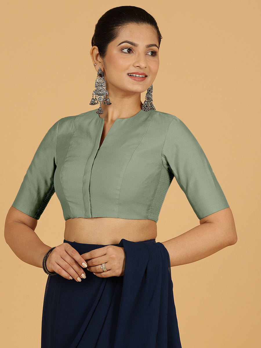 Simar x Rozaana Saree Blouse, in Green Viscose, featuring elbow sleeves and round neckline, made for daily & work (view 8).