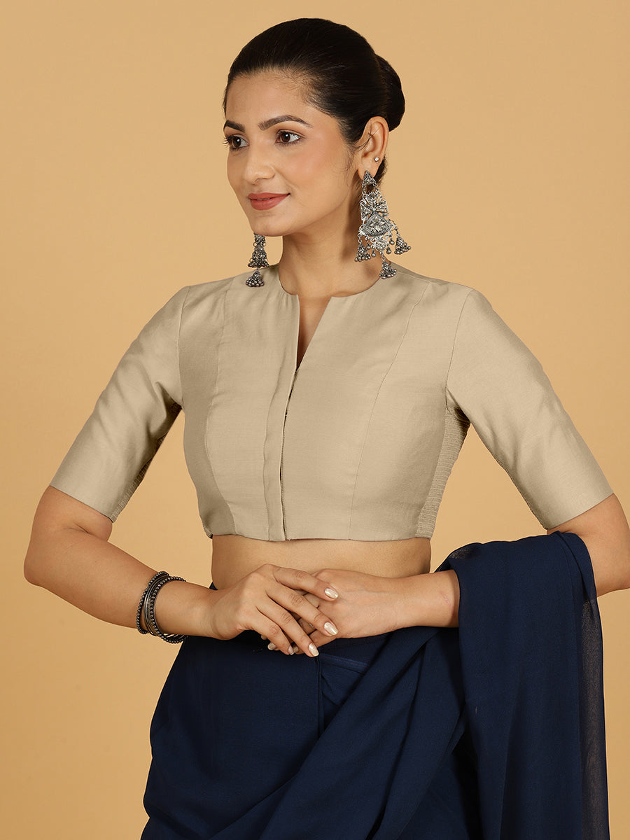 Simar x Rozaana Saree Blouse, in Grey Viscose, featuring elbow sleeves and round neckline, made for daily & work (view 5).