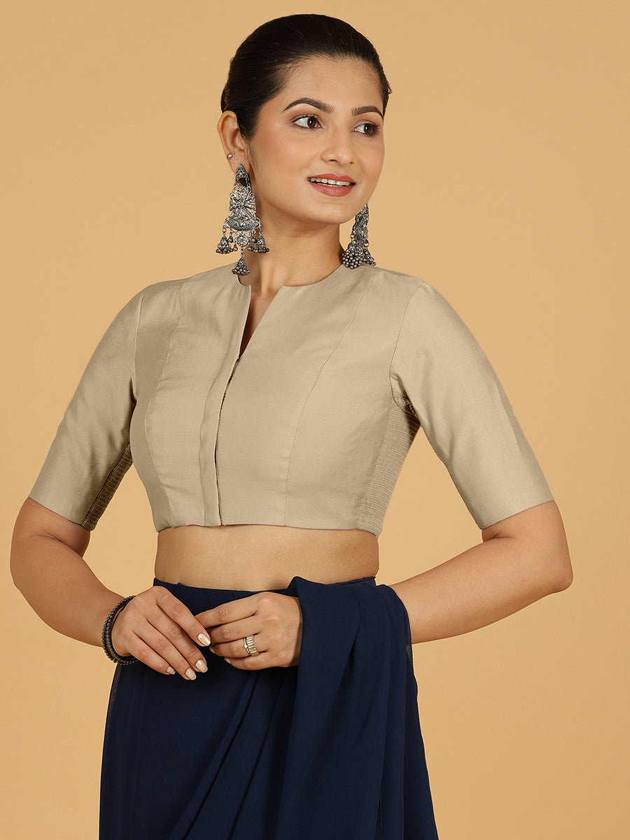 Simar x Rozaana Saree Blouse, in Grey Viscose, featuring elbow sleeves and round neckline, made for daily & work (view 8).