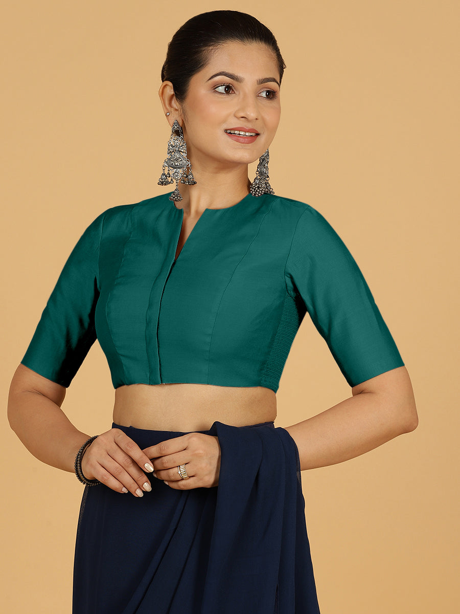 Simar x Rozaana Saree Blouse, in Green Viscose, featuring elbow sleeves and round neckline, made for daily & work (view 7).