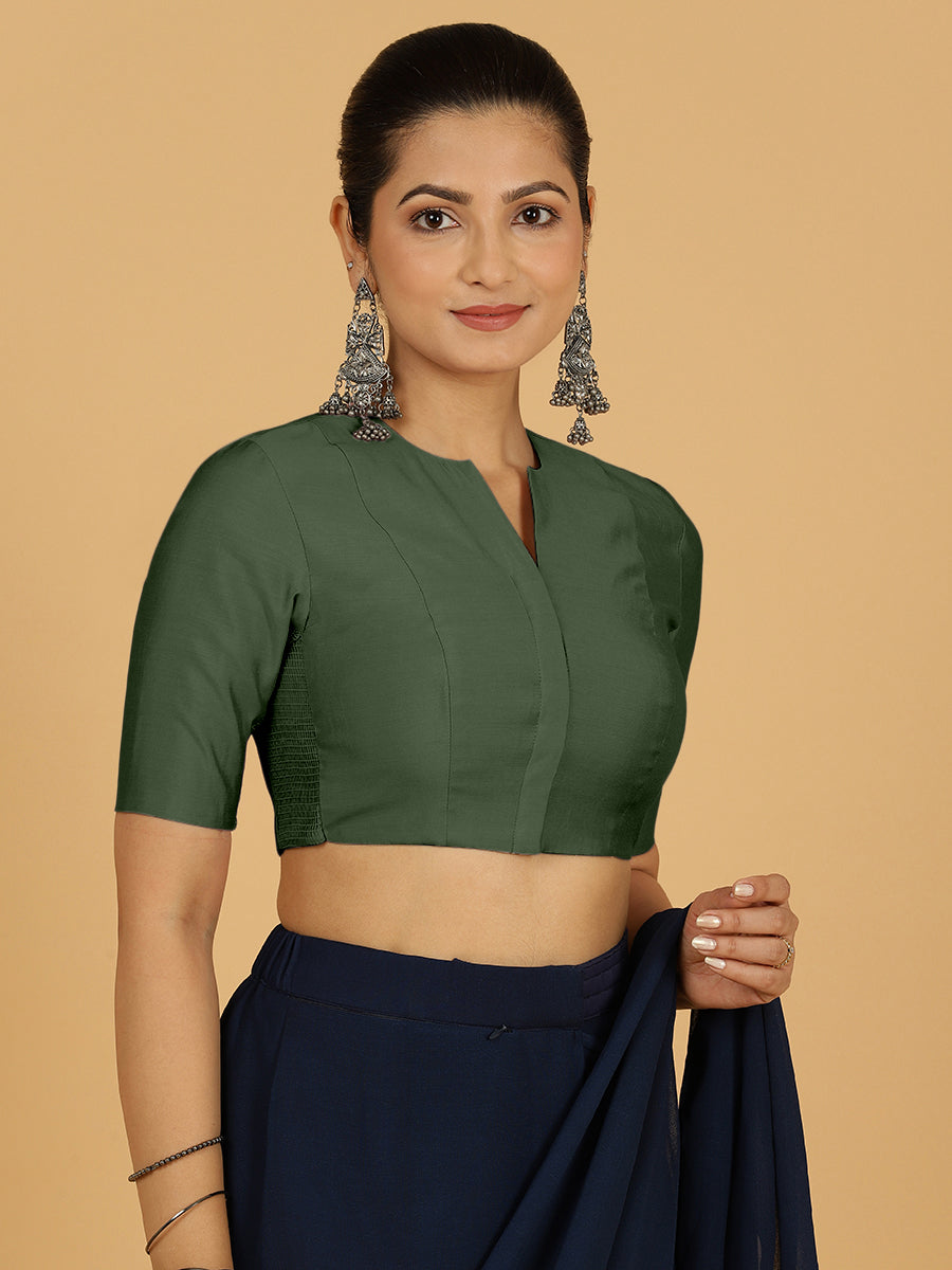 Simar x Rozaana Saree Blouse, in Green Viscose, featuring elbow sleeves and round neckline, made for daily & work.