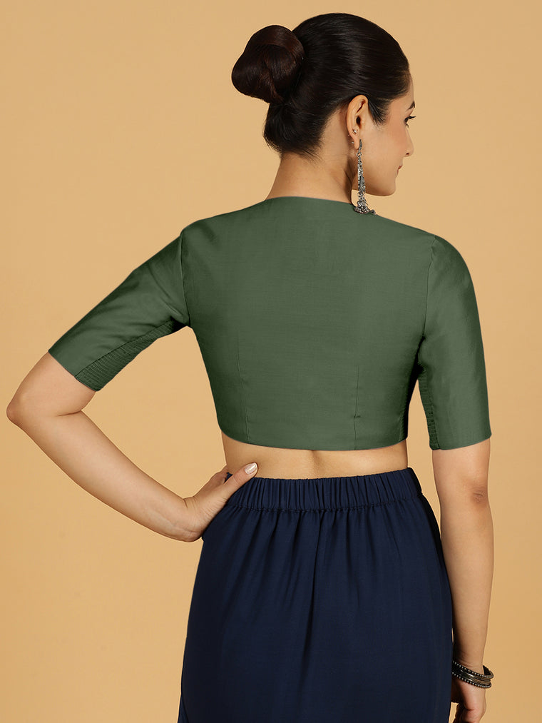 Simar x Rozaana Saree Blouse, in Green Viscose, featuring elbow sleeves and round neckline, made for daily & work (view 2).