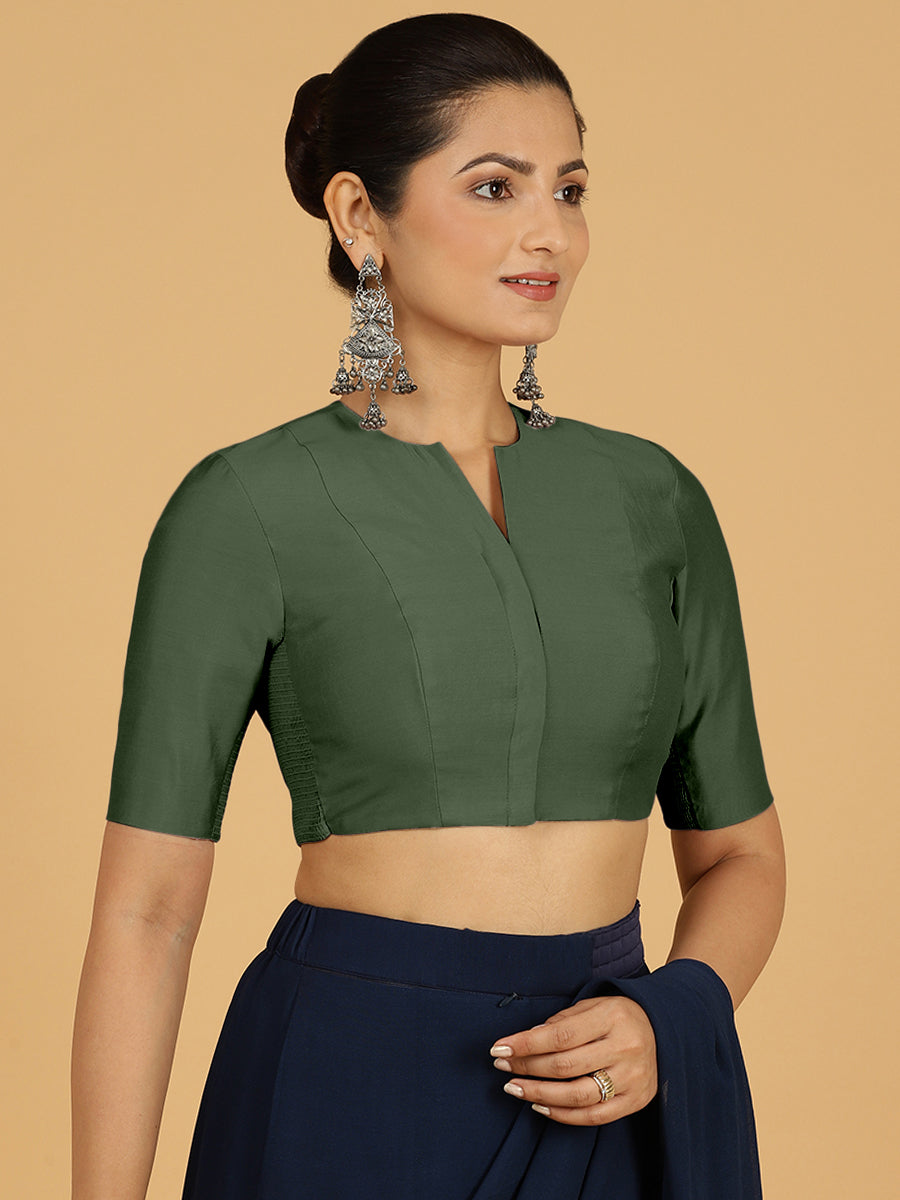 Simar x Rozaana Saree Blouse, in Green Viscose, featuring elbow sleeves and round neckline, made for daily & work (view 6).