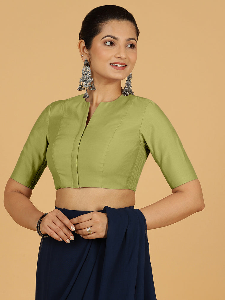 Simar x Rozaana Saree Blouse, in Green Viscose, featuring elbow sleeves and round neckline, made for daily & work.