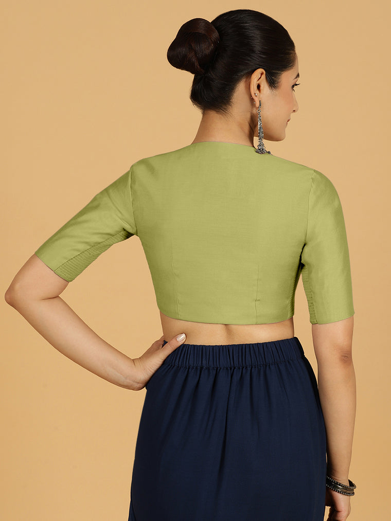 Simar x Rozaana Saree Blouse, in Green Viscose, featuring elbow sleeves and round neckline, made for daily & work (view 2).