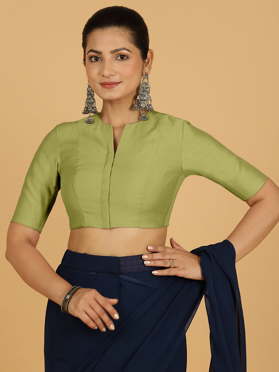 Simar x Rozaana Saree Blouse, in Green Viscose, featuring elbow sleeves and round neckline, made for daily & work (view 8).