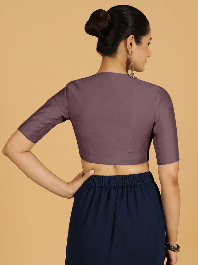 Simar x Rozaana Saree Blouse, in Purple Viscose, featuring elbow sleeves and round neckline, made for daily & work (view 2).