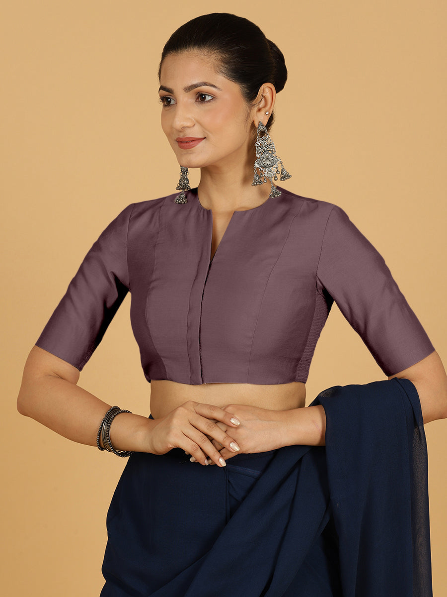 Simar x Rozaana Saree Blouse, in Purple Viscose, featuring elbow sleeves and round neckline, made for daily & work (view 5).