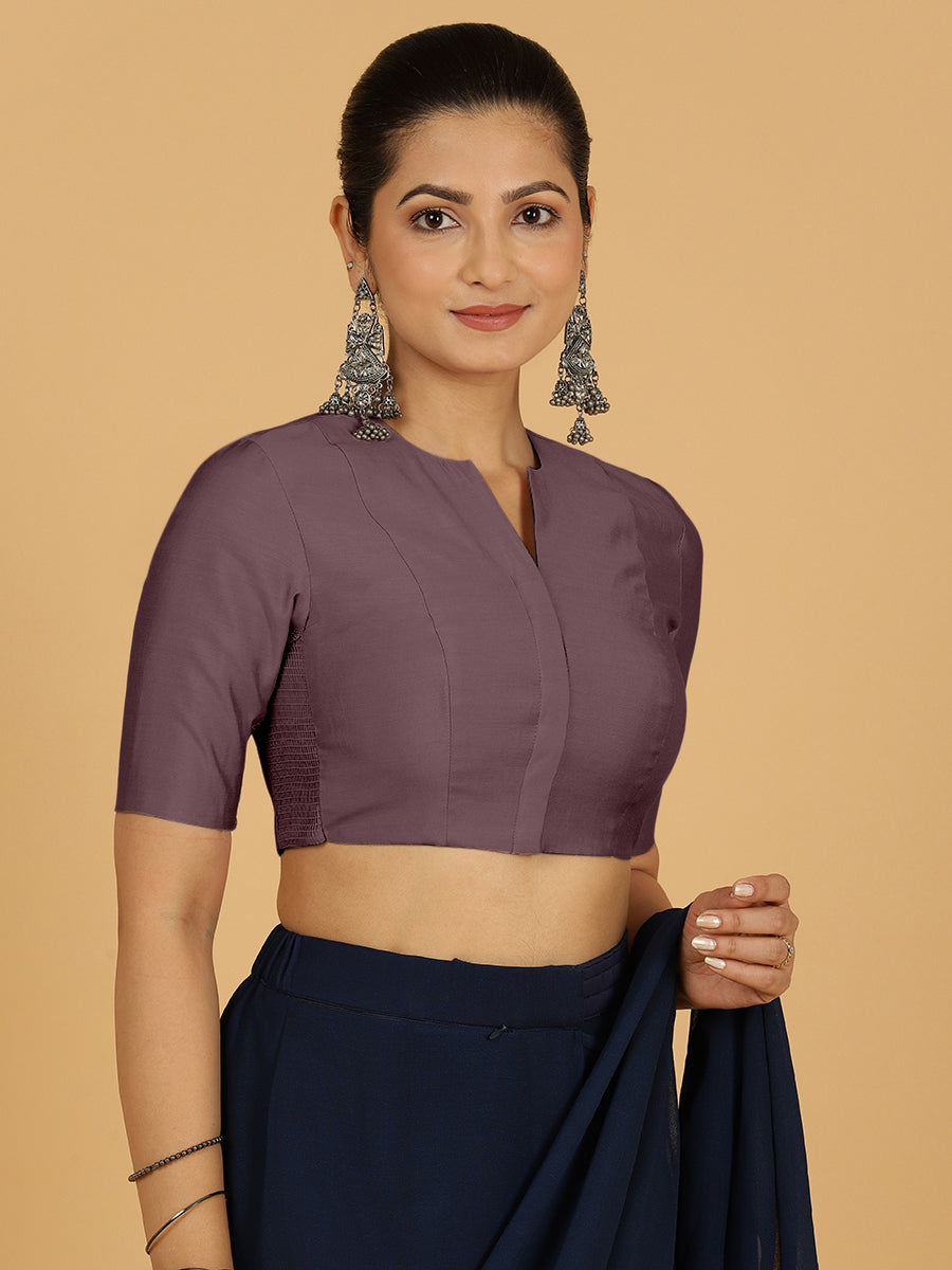 Simar x Rozaana Saree Blouse, in Purple Viscose, featuring elbow sleeves and round neckline, made for daily & work (view 6).