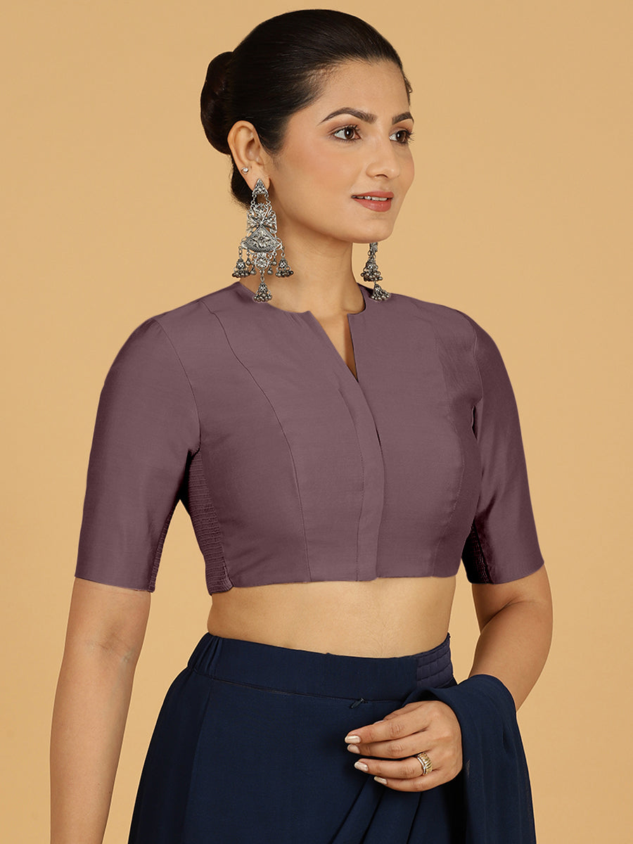 Simar x Rozaana Saree Blouse, in Purple Viscose, featuring elbow sleeves and round neckline, made for daily & work (view 7).