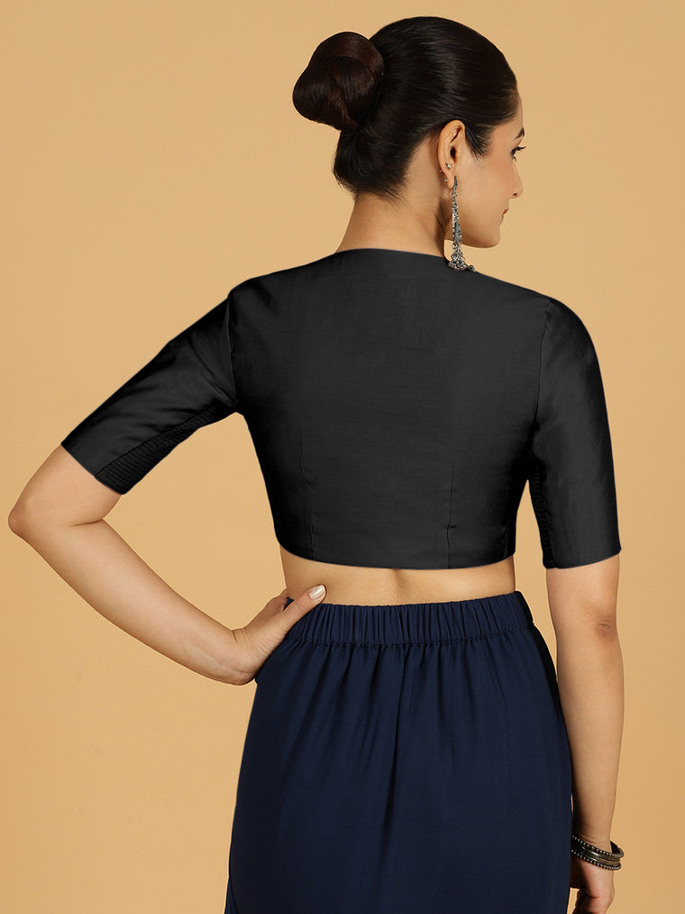 Simar x Rozaana Saree Blouse, in Black Viscose, featuring elbow sleeves and round neckline, made for daily & work (view 2).