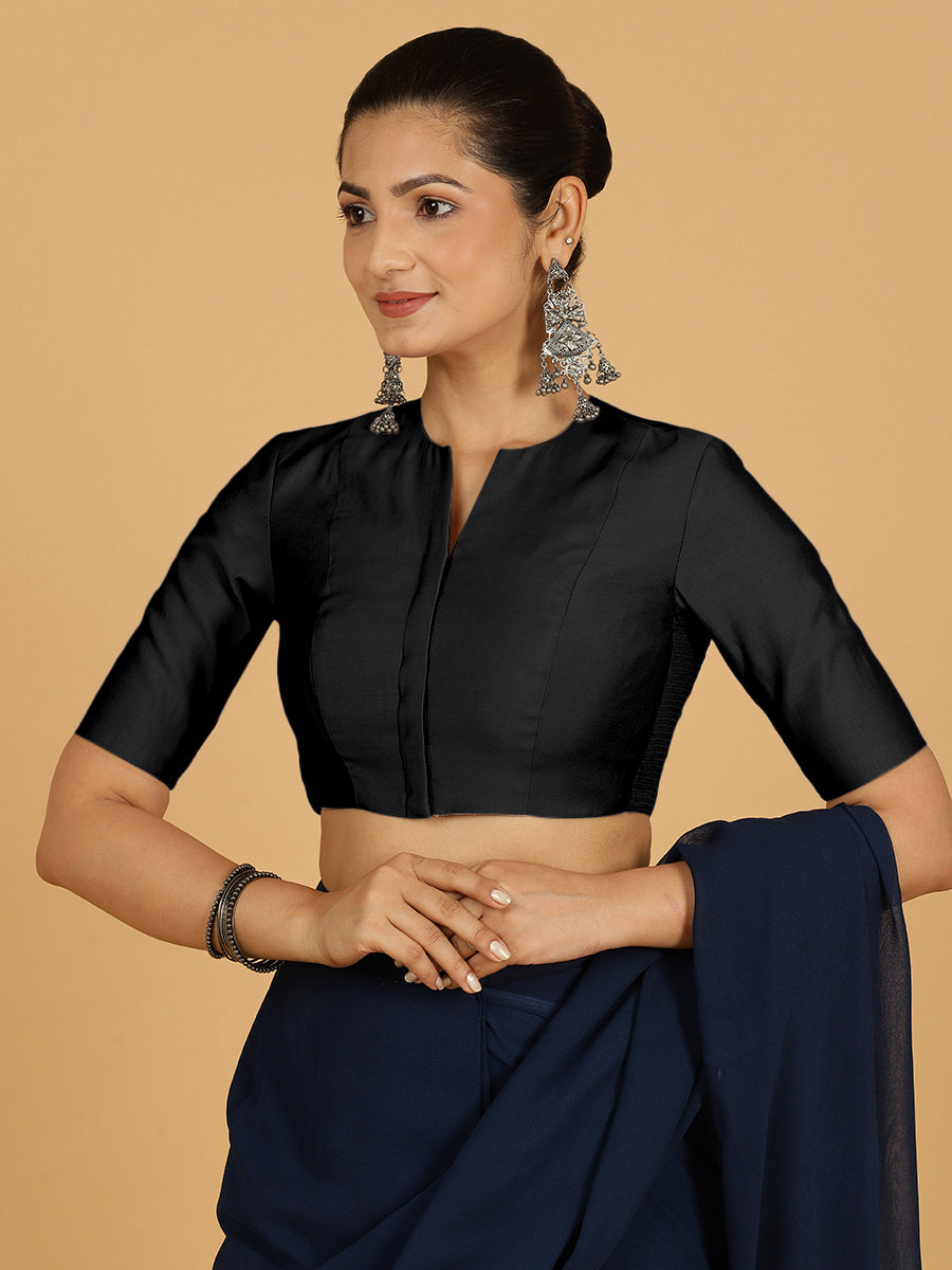 Simar x Rozaana Saree Blouse, in Black Viscose, featuring elbow sleeves and round neckline, made for daily & work (view 5).