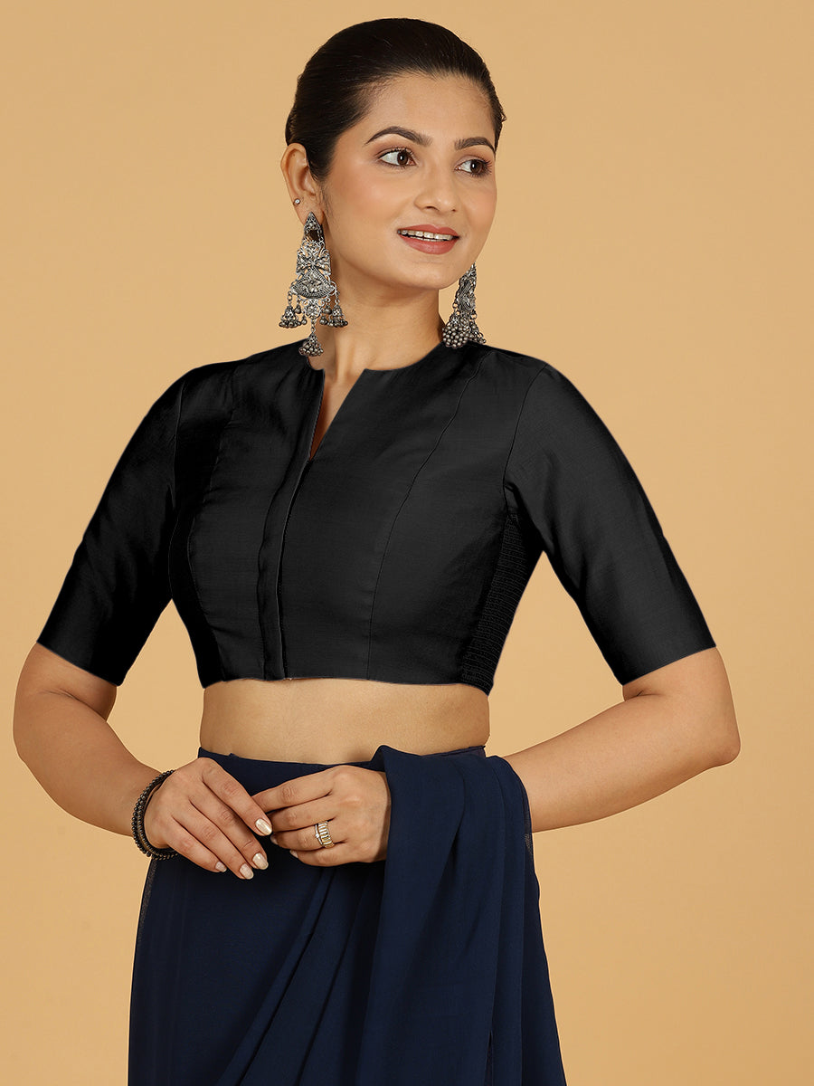 Simar x Rozaana Saree Blouse, in Black Viscose, featuring elbow sleeves and round neckline, made for daily & work (view 8).