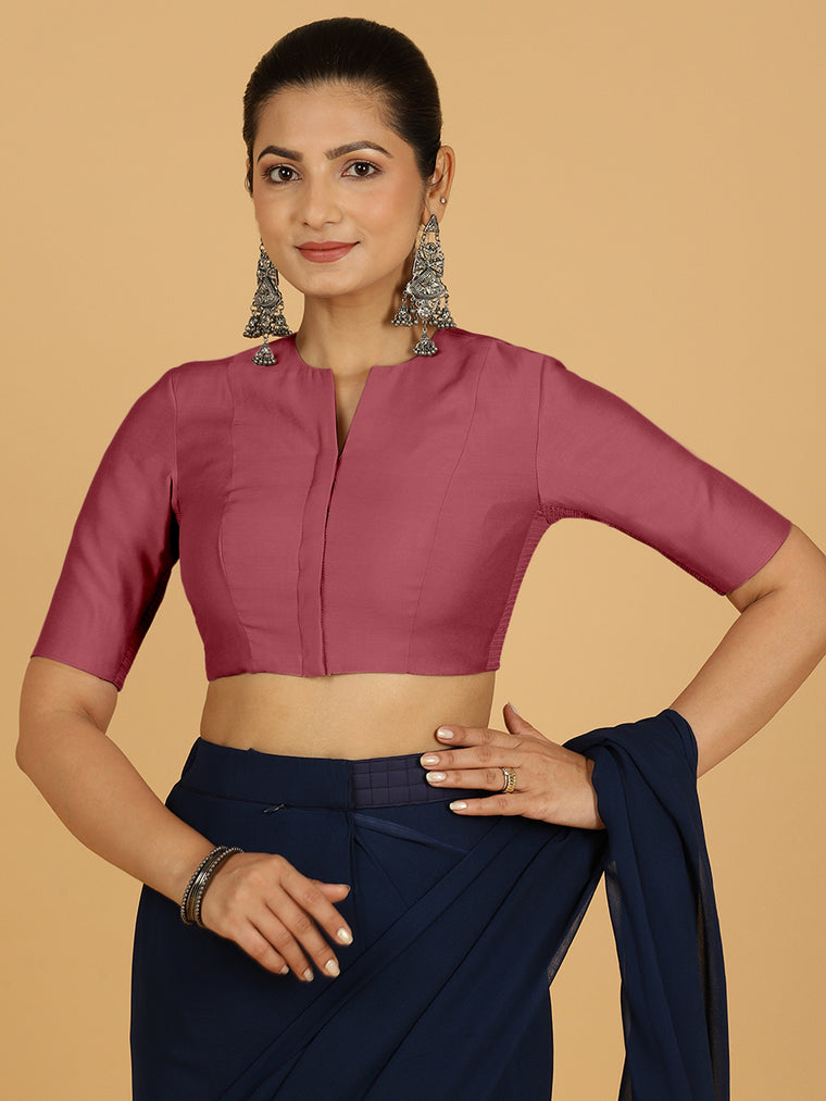 Simar x Rozaana Saree Blouse, in Pink Viscose, featuring elbow sleeves and round neckline, made for daily & work.