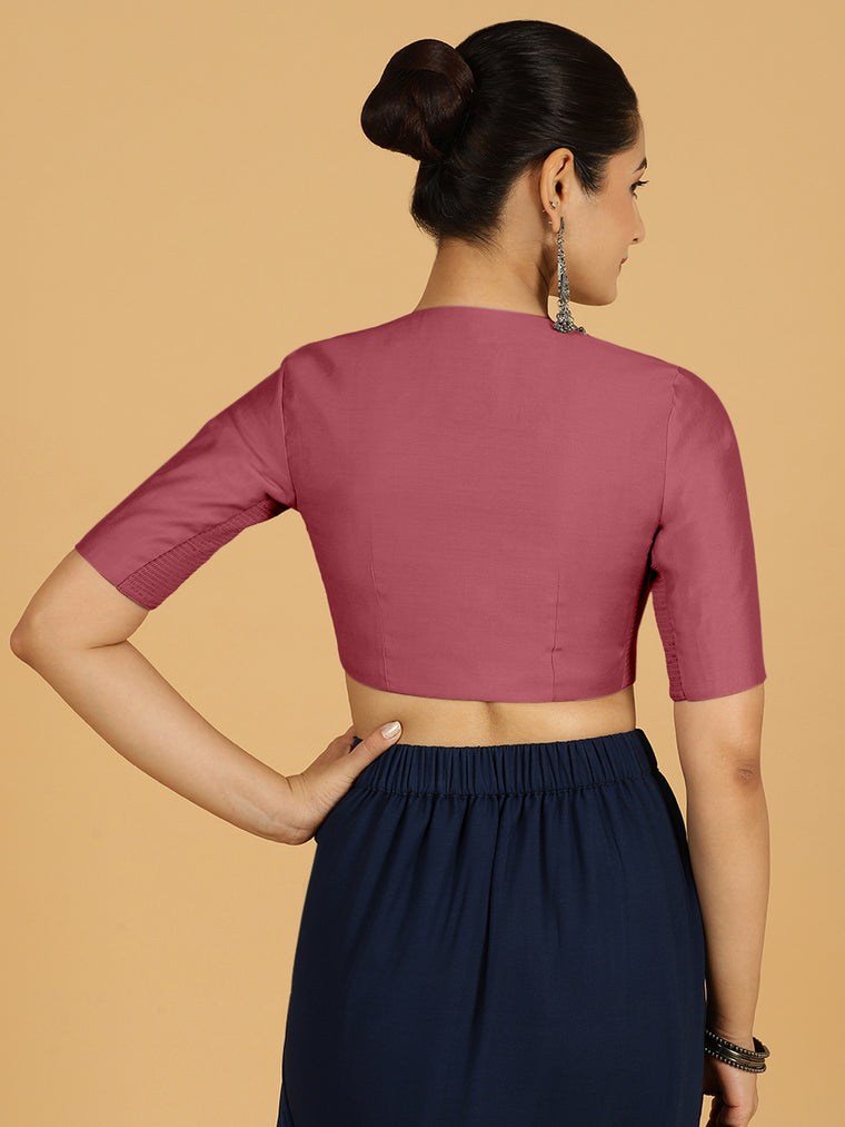 Simar x Rozaana Saree Blouse, in Pink Viscose, featuring elbow sleeves and round neckline, made for daily & work (view 2).
