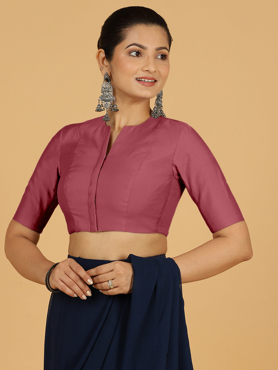 Simar x Rozaana Saree Blouse, in Pink Viscose, featuring elbow sleeves and round neckline, made for daily & work (view 8).