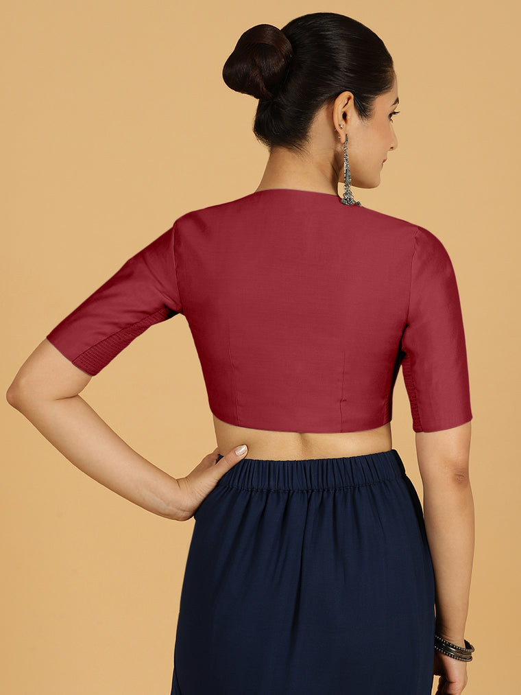 Simar x Rozaana Saree Blouse, in Red Viscose, featuring elbow sleeves and round neckline, made for daily & work (view 2).