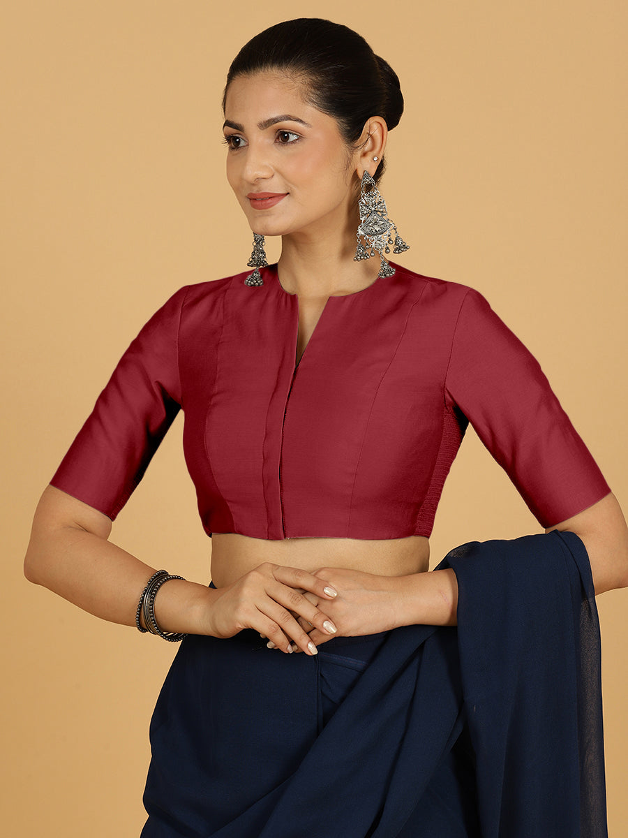 Simar x Rozaana Saree Blouse, in Red Viscose, featuring elbow sleeves and round neckline, made for daily & work (view 5).