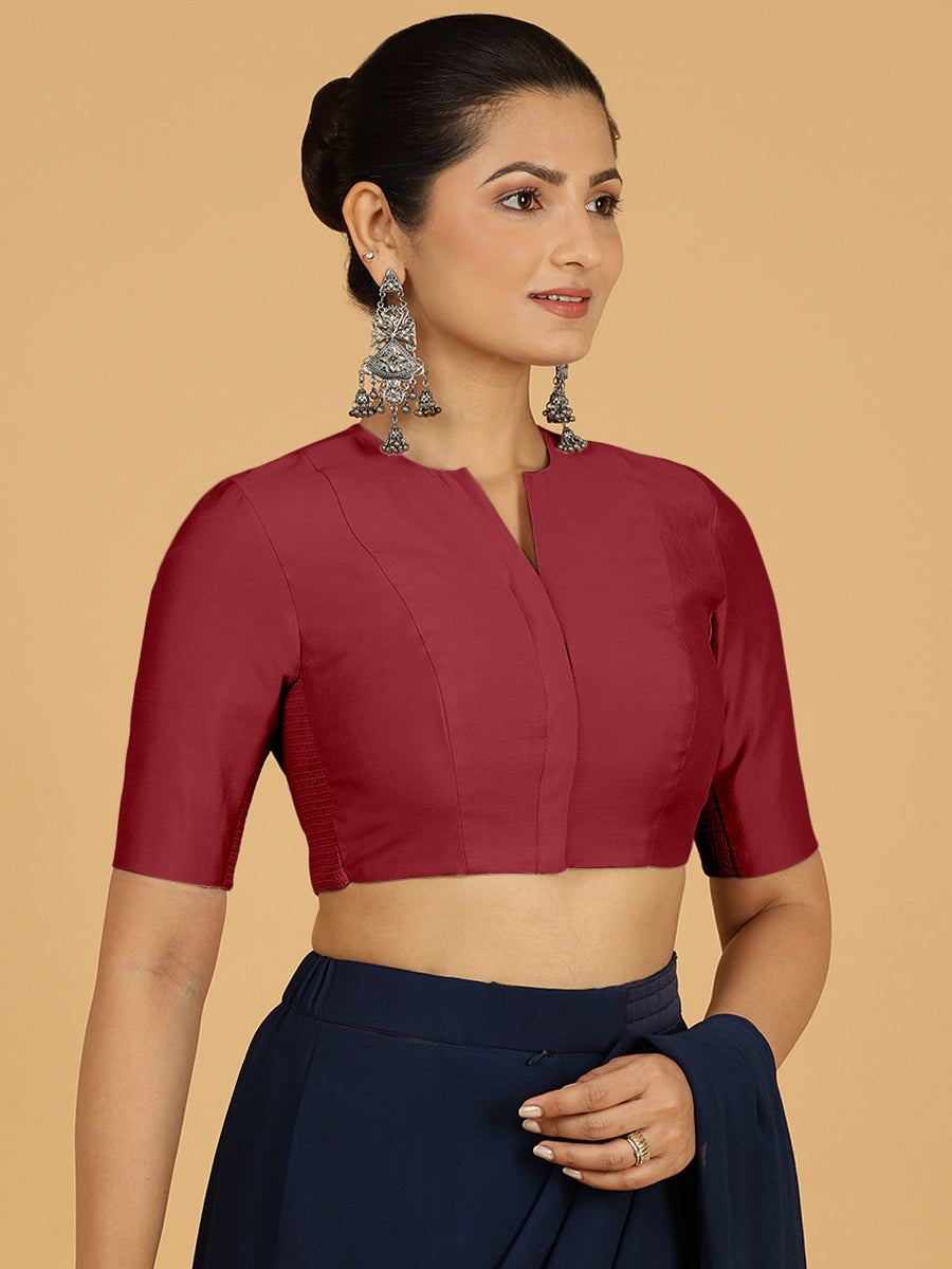 Simar x Rozaana Saree Blouse, in Red Viscose, featuring elbow sleeves and round neckline, made for daily & work (view 7).