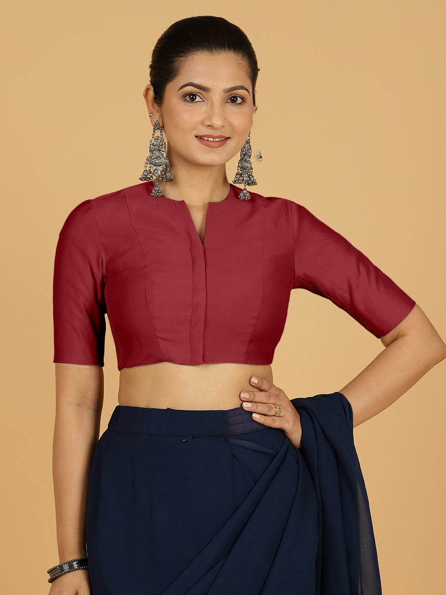 Simar x Rozaana Saree Blouse, in Red Viscose, featuring elbow sleeves and round neckline, made for daily & work (view 8).