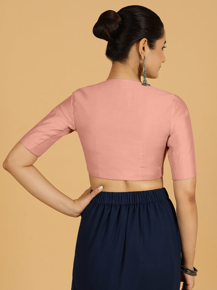 Simar x Rozaana Saree Blouse, in Pink Viscose, featuring elbow sleeves and round neckline, made for daily & work (view 2).