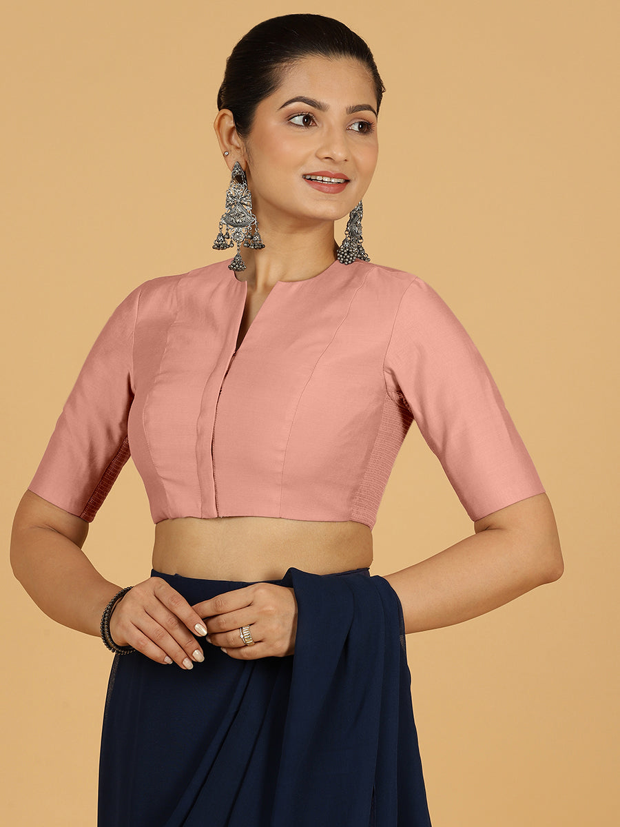 Simar x Rozaana Saree Blouse, in Pink Viscose, featuring elbow sleeves and round neckline, made for daily & work (view 8).