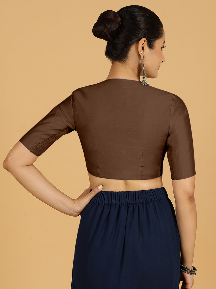 Simar x Rozaana Saree Blouse, in Brown Viscose, featuring elbow sleeves and round neckline, made for daily & work (view 2).