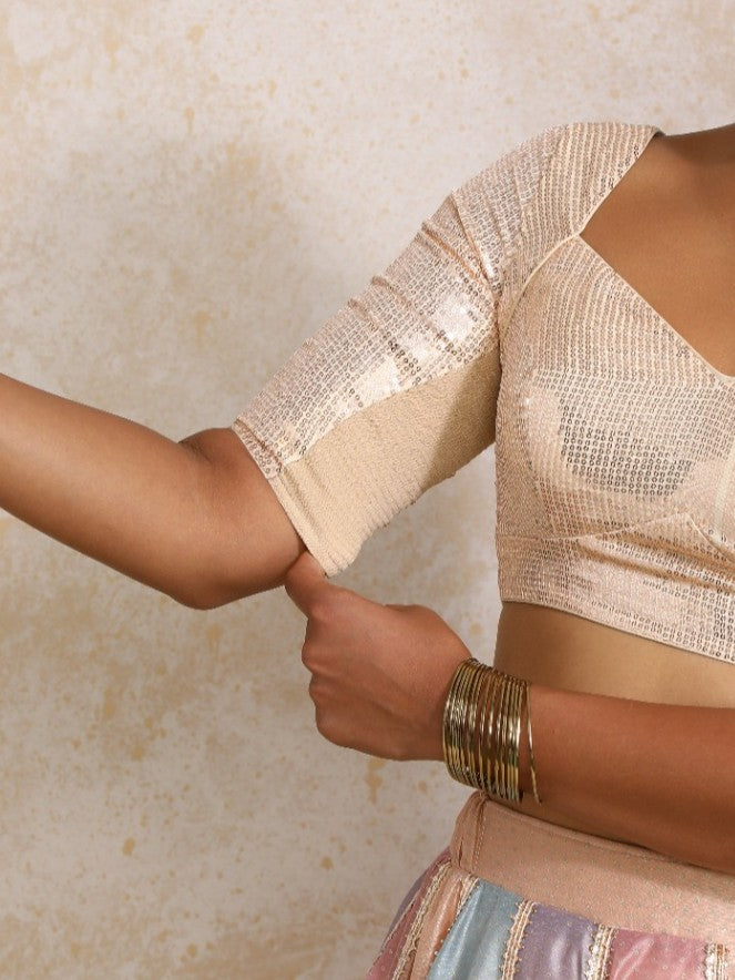 Sitara x Tyohaar Saree Blouse, in Peach Sequin Fabric, featuring elbow sleeves and sweetheart neckline (view 4).